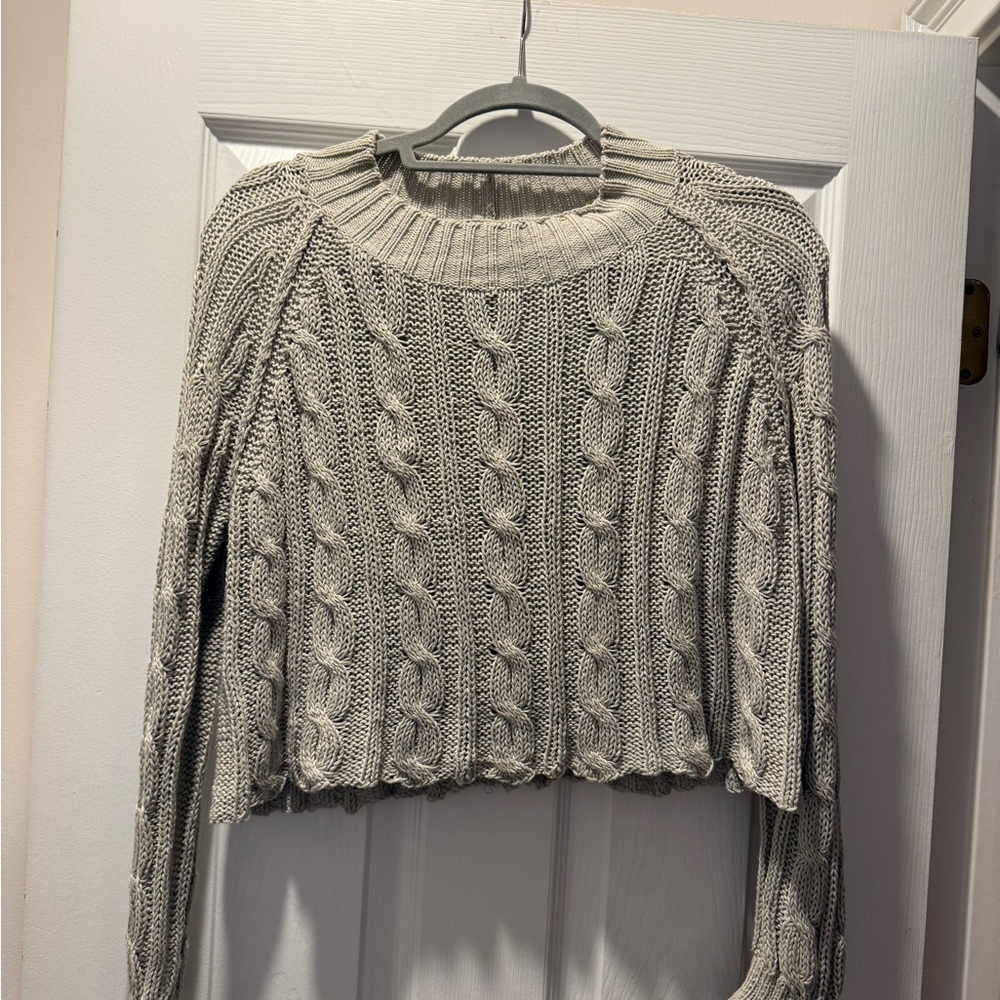 Wooden Ships Cropped Light Gray Cable Knit Sweater